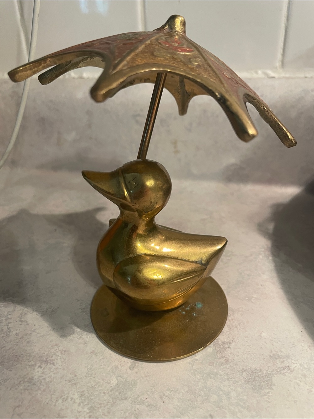 Vintage Solid Brass Duck Figurine with Umbrella
